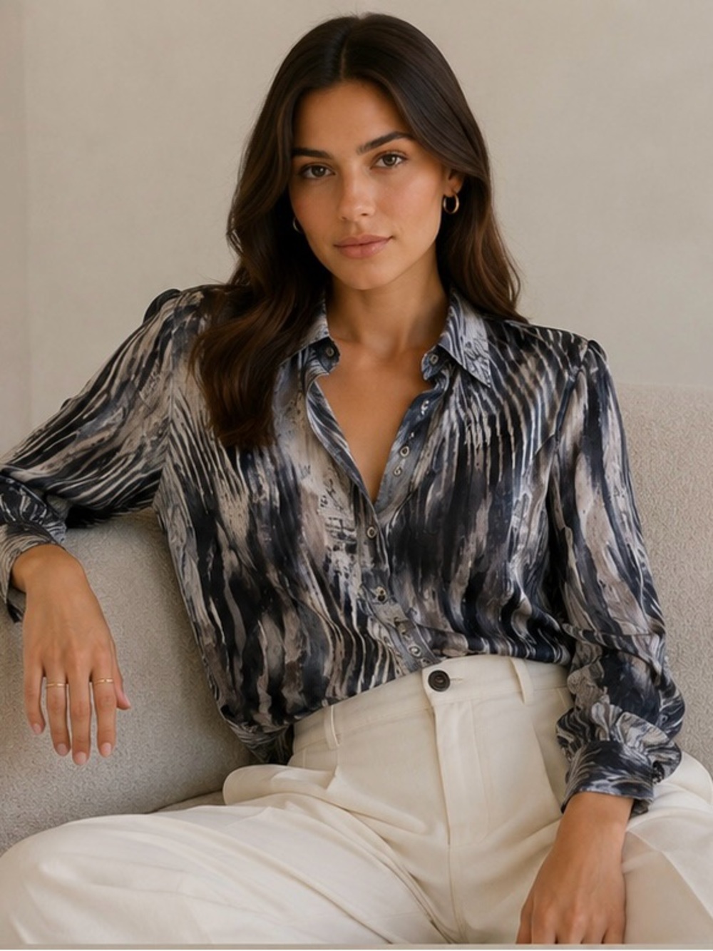 The Kooples Black & Gray Abstract Print Button-Down Silk Shirt